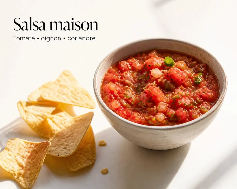 Recette sauce salsa maison servie dans un bol avec chips de maïs