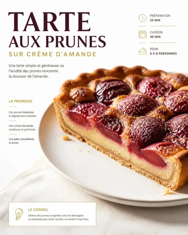 Tarte aux prunes congelées dorée et croustillante en gros plan