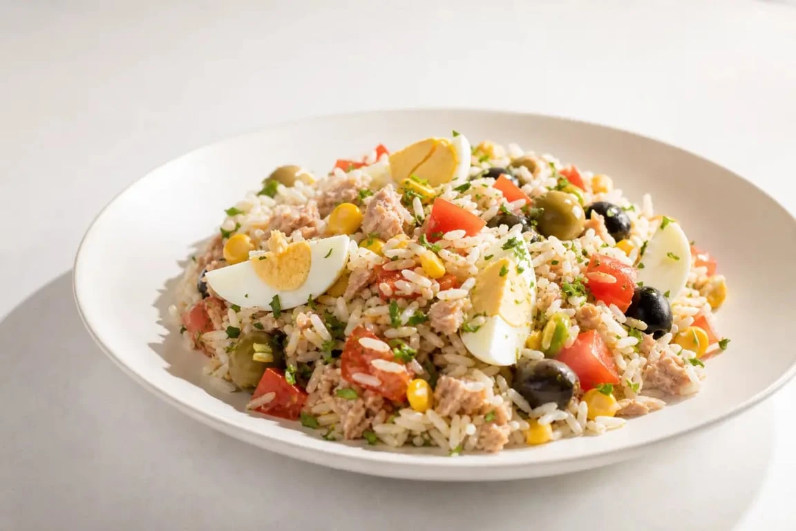 Recette salade de riz au thon servie en assiette avec œufs, tomates, maïs et olives
