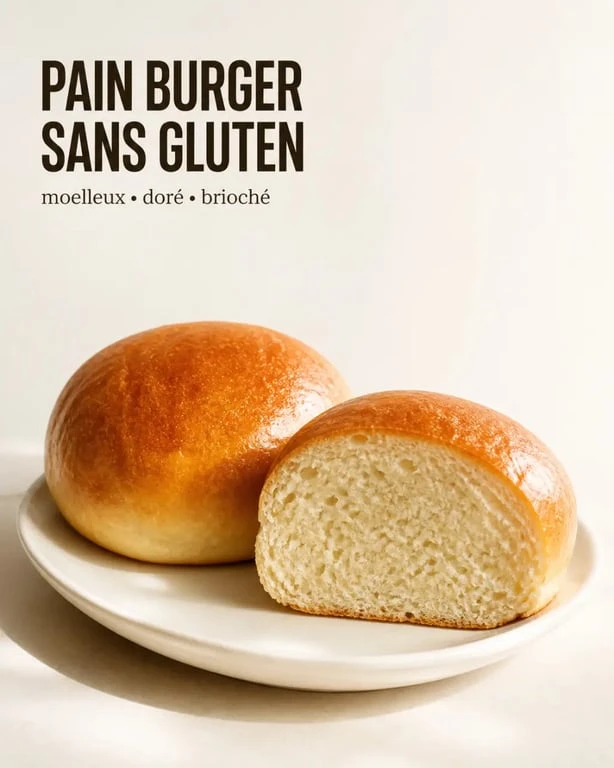 Pain burger sans gluten moelleux et doré, présenté sur une assiette sobre