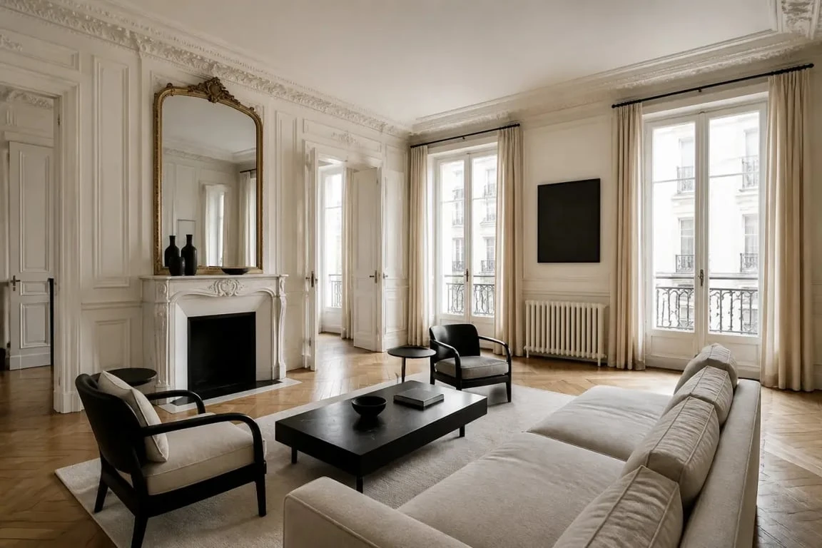 Acheter appartement haussmannien Paris : intérieur rénové avec moulures, parquet ancien et grandes fenêtres