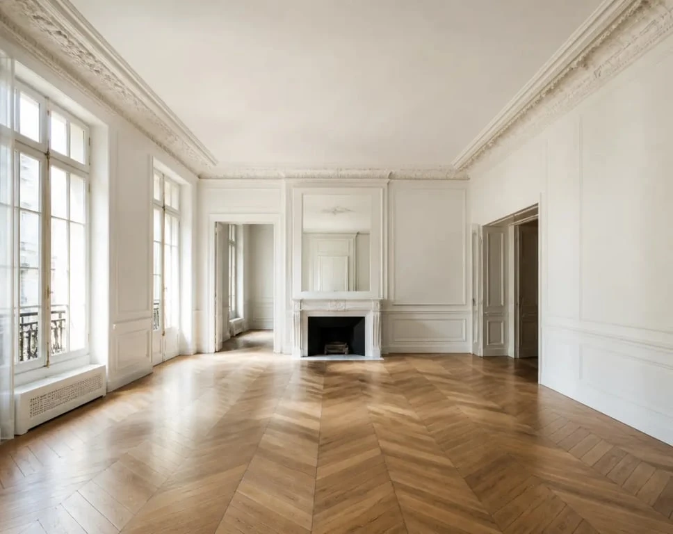 Acheter appartement haussmannien Paris : salon lumineux avec parquet, moulures et cheminée en marbre