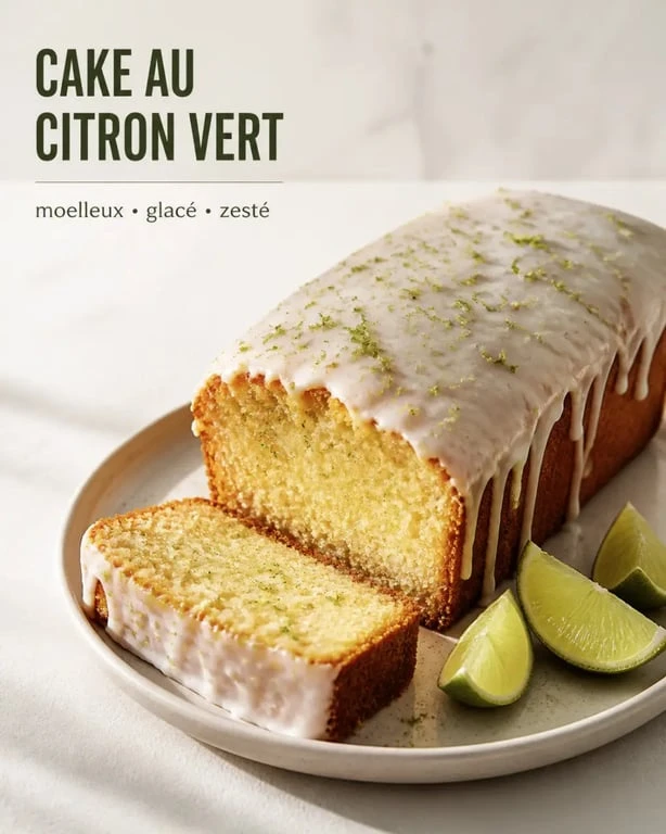 Recette dessert au citron vert : cake moelleux glacé avec zestes de citron vert sur assiette