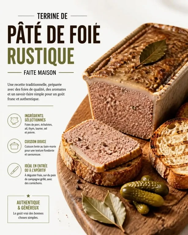 Recette du pâté de foie maison rustique servi avec pain et cornichons