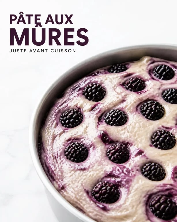 Préparation du gâteau à la mure avec mûres incorporées dans la pâte avant cuisson