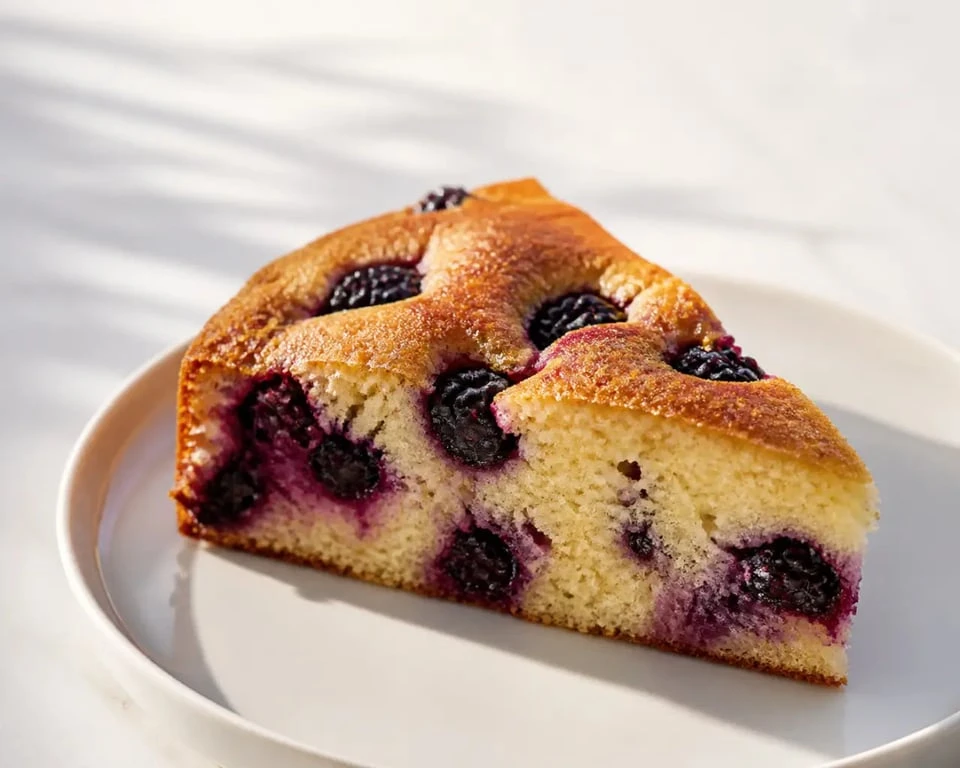 Gâteau à la mure moelleux aux mûres fraîches, vue appétissante sur assiette blanche