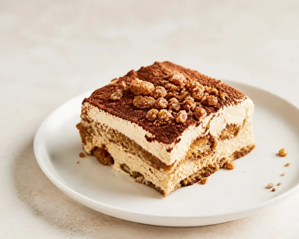 Tiramisu aux marrons servi en assiette, avec cacao et brisures de marrons glacés