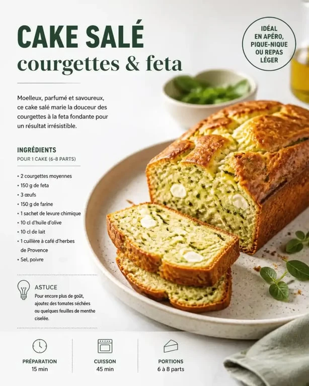 Recette salée : cake aux courgettes et feta sur une assiette