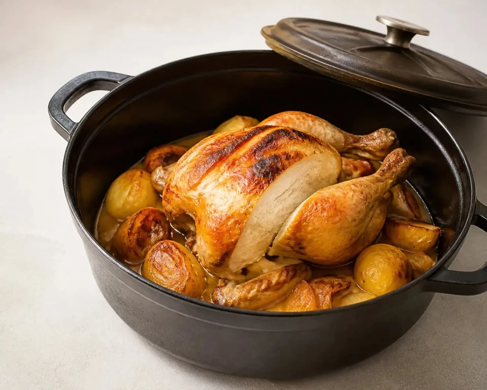 Poulet au four cocotte fermée moelleux et doré servi en cocotte