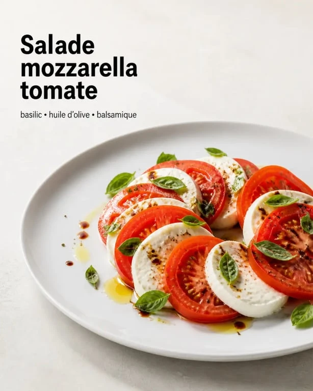 Salade mozzarella tomate dressée sur une assiette blanche avec tomates mûres, mozzarella et basilic