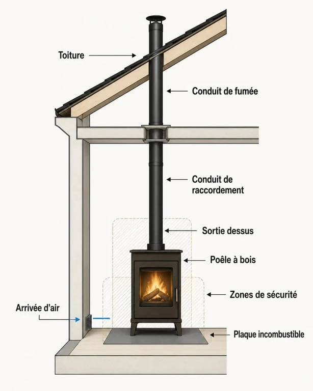 Schéma installation poêle à bois avec conduit de raccordement, arrivée d’air et distances de sécurité