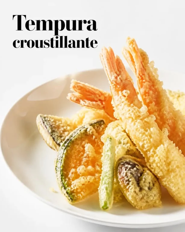 Pâte tempura croustillante servie avec légumes et crevettes dorés sur assiette blanche