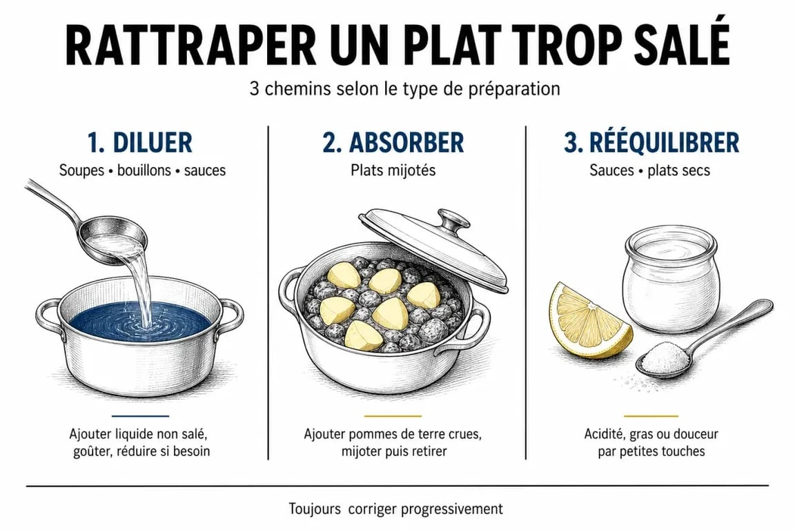 Comment rattraper un plat trop salé avec dilution, absorption et rééquilibrage selon le type de préparation