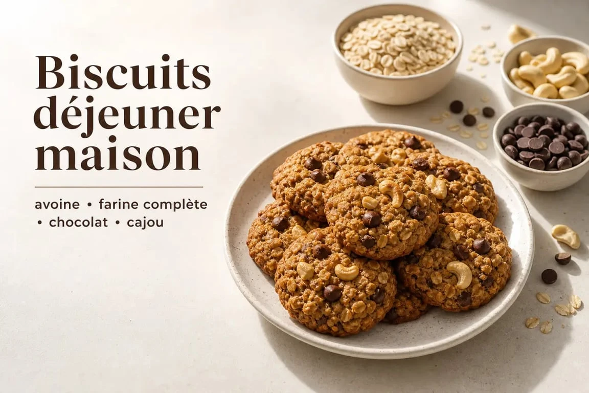 Biscuit dejeuner maison aux flocons d’avoine et chocolat sur une assiette blanche