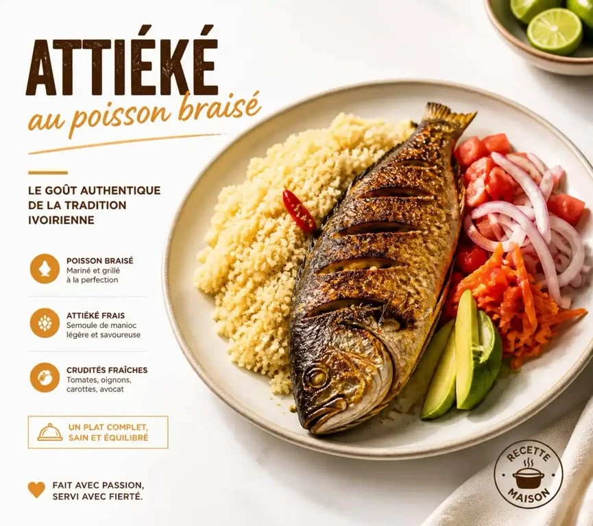 Recette d'attiéké poisson traditionnel ivoirien servi avec des crudités