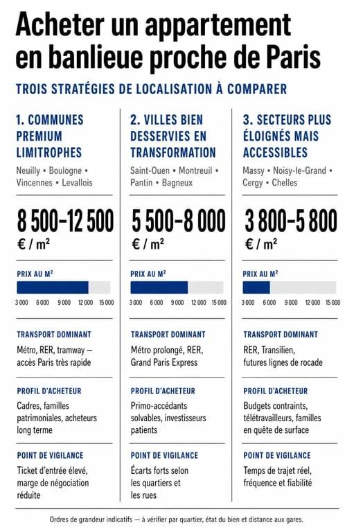 Acheter appartement banlieue proche Paris : visualisation comparative des communes selon prix au m², transports et profil d’acheteur