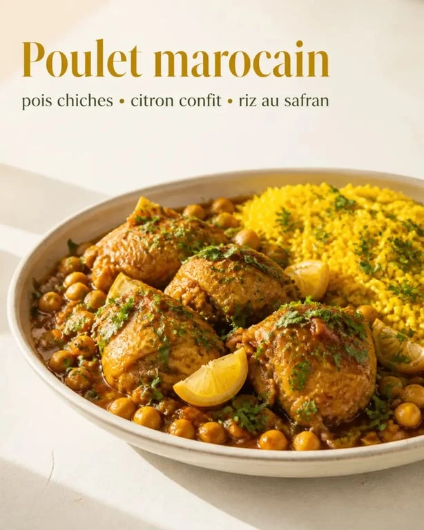 Recette au poulet marocain servie en plat familial avec riz au safran, sauce aux oignons, tomates et pois chiches