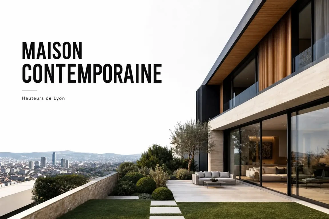 Architecte maison contemporaine Lyon : villa contemporaine premium avec grandes baies vitrées et terrasse paysagée