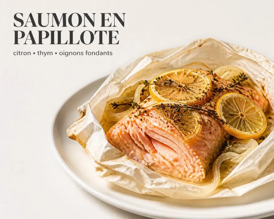 Saumon #papillote four aluminium servi chaud avec citron, thym et oignons fondants