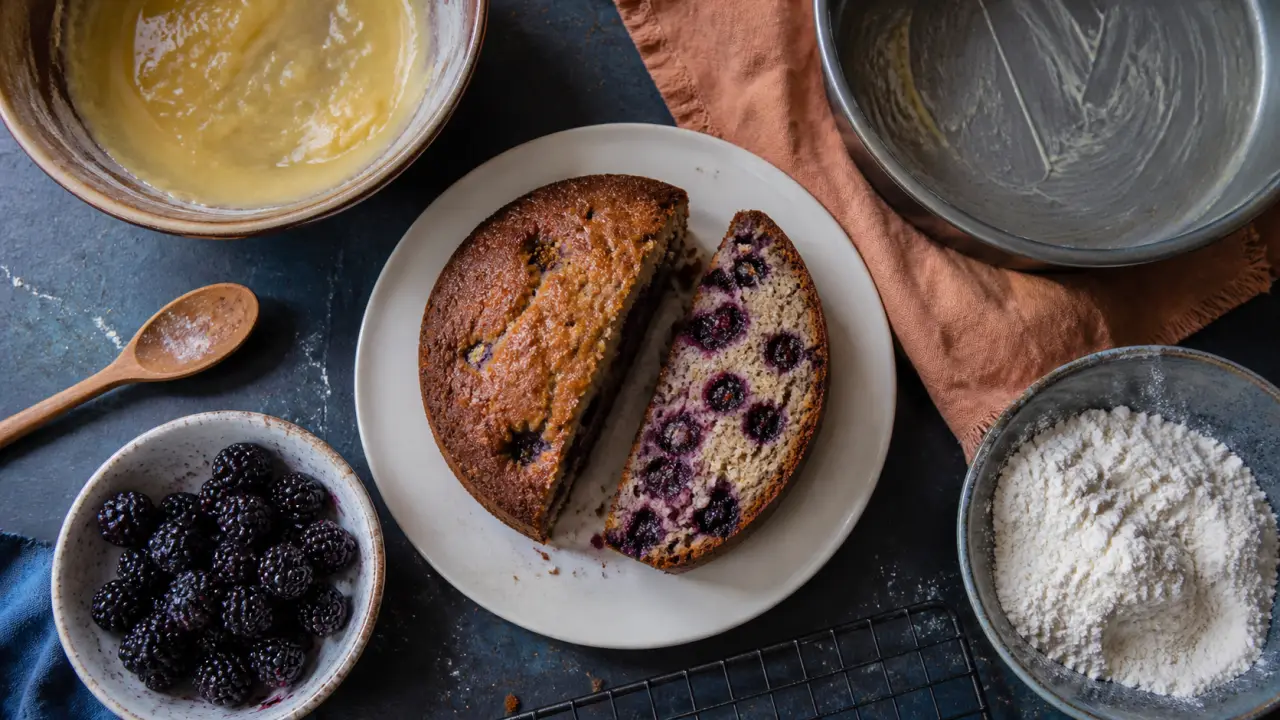 Gateau à la mure moelleux aux mûres fraîches, tranché et démoulé.