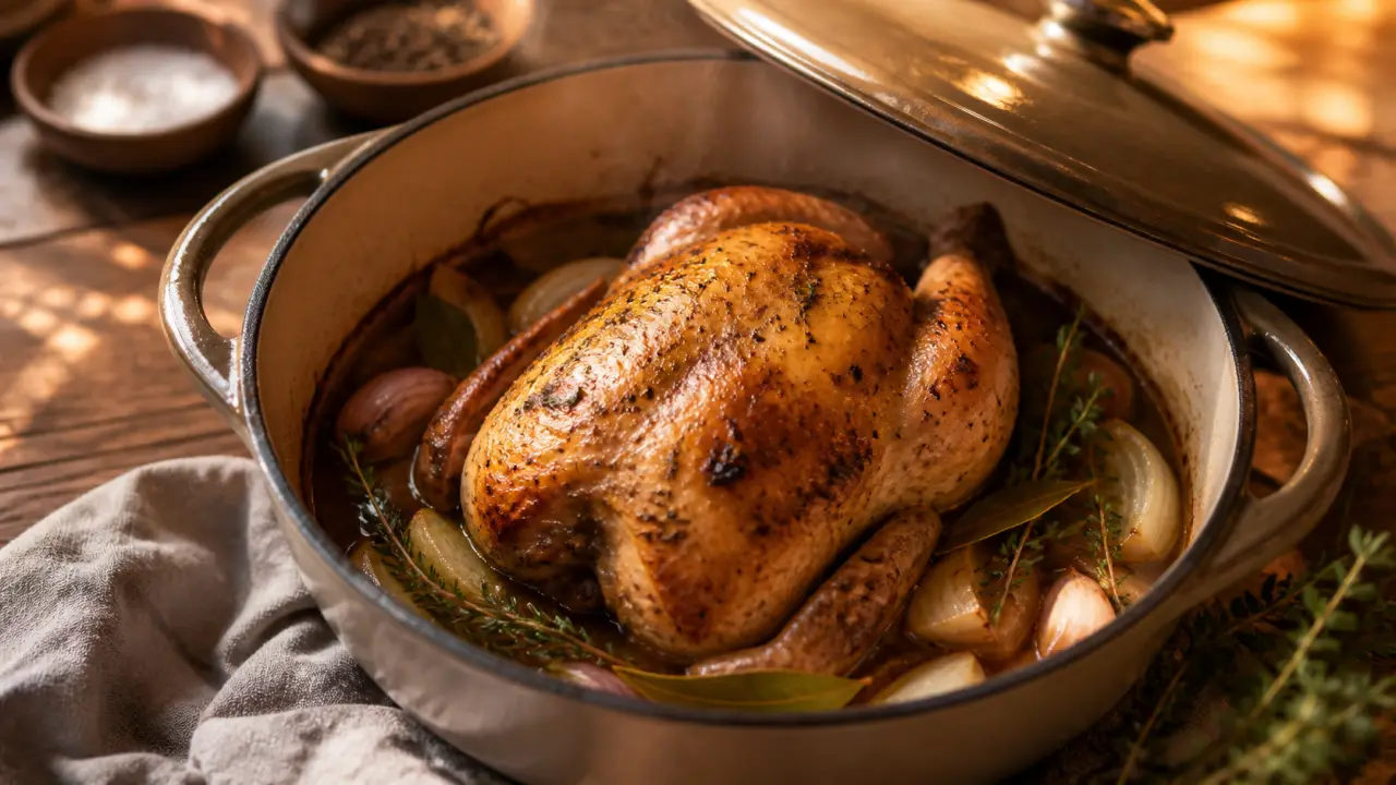 Poulet au four cocotte fermée à 200°C, poulet doré moelleux