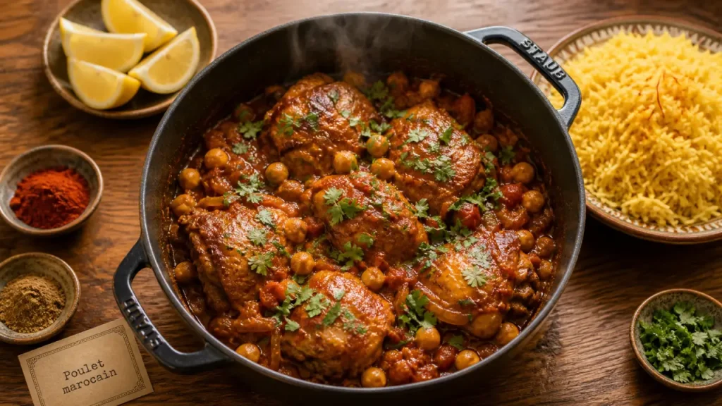 Poulet marocain en cocotte : 1 h 30 pour une viande tendre et un riz au safran