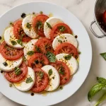 Salade mozzarella tomate avec basilic frais, huile d’olive et balsamique