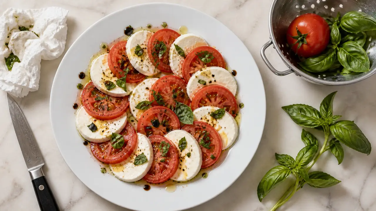 Salade mozzarella tomate avec basilic frais, huile d’olive et balsamique