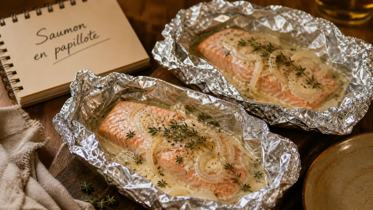 Saumon en papillote four aluminium : saumon tendre, oignon, thym, citron