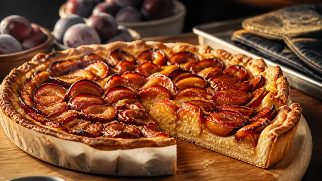 Tarte aux prunes congelées : plaque chaude, crème d’amande et pâte croustillante