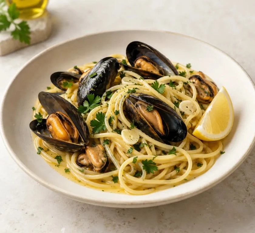 Pâtes moules à l'ail, au vin blanc et au persil servies dans une assiette