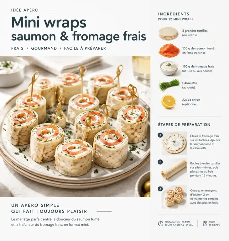 Wrap apéro à l'avance au saumon fumé et fromage frais coupé en tronçons sur plateau