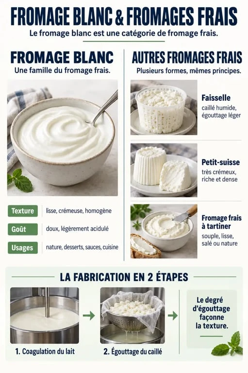 Infographie comparative fromage blanc ou fromage frais : textures, fabrication et usages