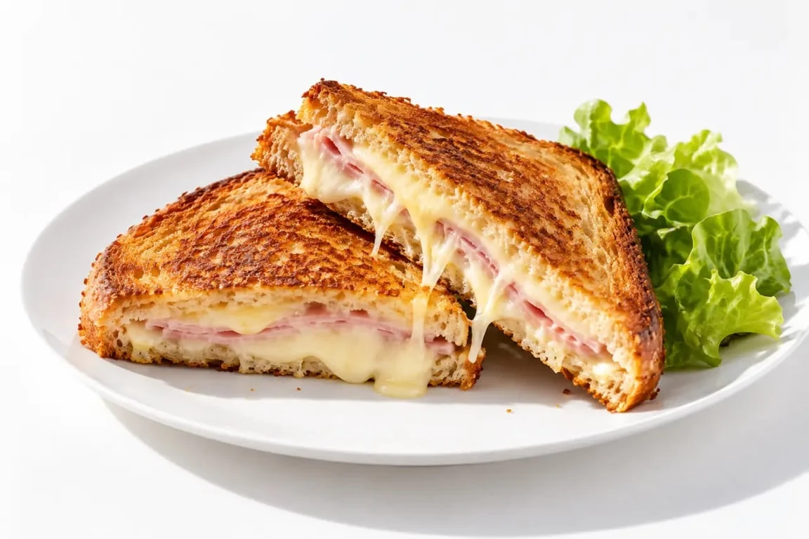 Croque sandwiches dorés au fromage fondu servis avec une salade