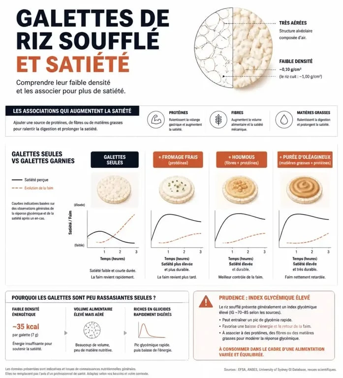 Infographie sur les galettes de riz soufflé, leur index glycémique et leur effet sur la satiété