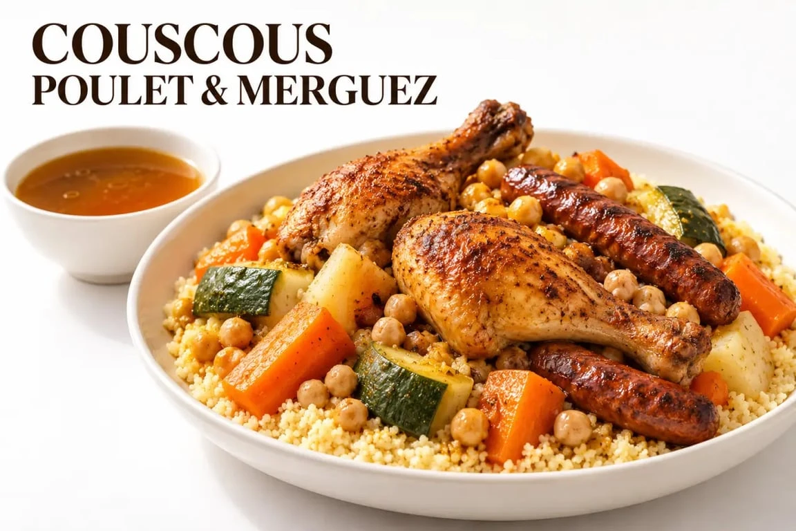 Recette du couscous poulet merguez servi avec légumes, semoule et bouillon