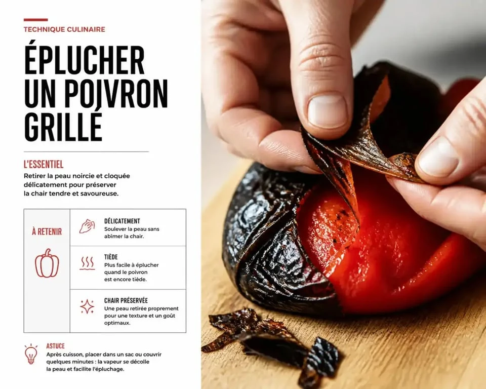 Peler un poivron grillé : geste pour retirer la peau après cuisson
