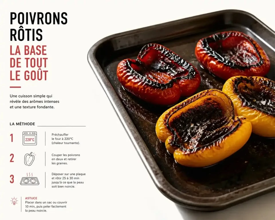 Comment éplucher poivron : moitiés de poivrons grillés à la peau noircie prêtes à peler