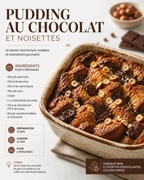 Recette de pudding au chocolat et noisettes avec du pain rassis