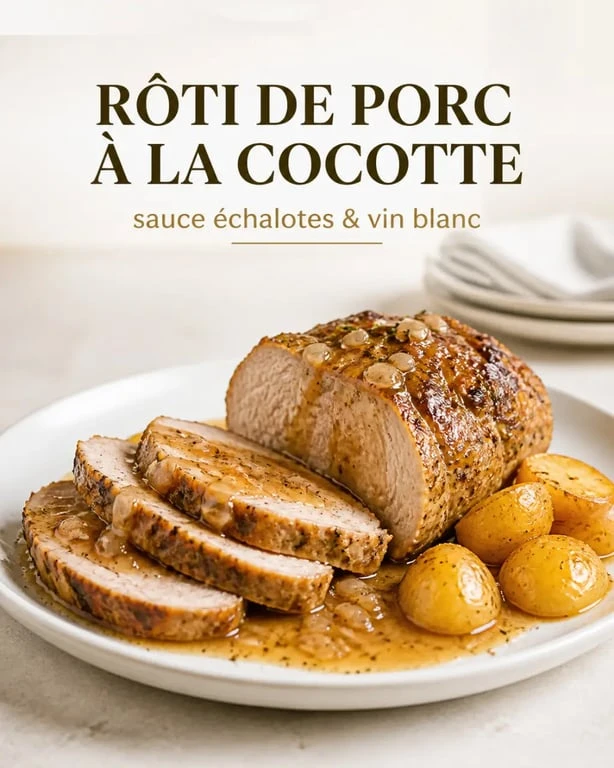 Recette de rôti de porc à la cocotte servi en assiette avec sauce et pommes de terre