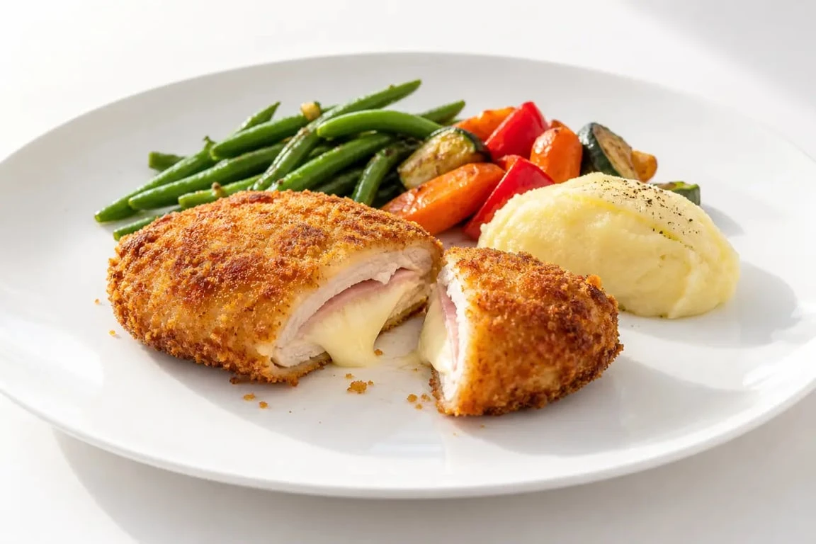 Assiette de cordon bleu avec ses accompagnements légumes et purée