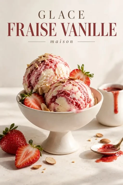 Glace fraise vanille maison servie en coupe avec des fraises fraîches