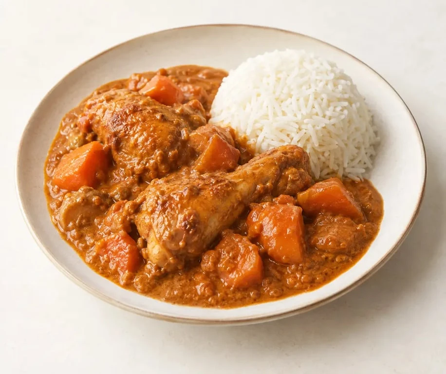 Mafé recette au poulet avec sauce d’arachide et riz basmati