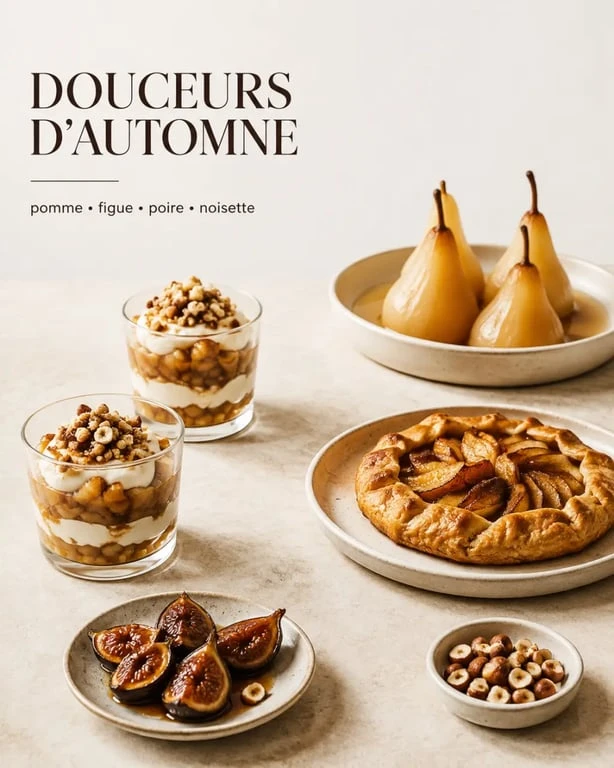 Dessert d automne : assortiment de petites douceurs de saison avec poires, figues et noisettes