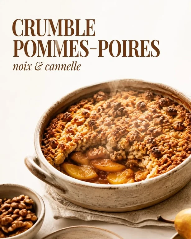 Dessert d automne : crumble pommes-poires, noix et cannelle servi tiède
