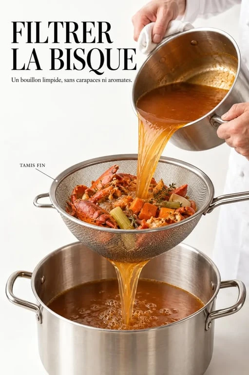 Recettes bisque : filtration fine du bouillon de crustacés pour une texture lisse
