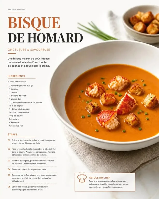 Recettes bisque : bisque de homard maison veloutée avec croûtons et ciboulette
