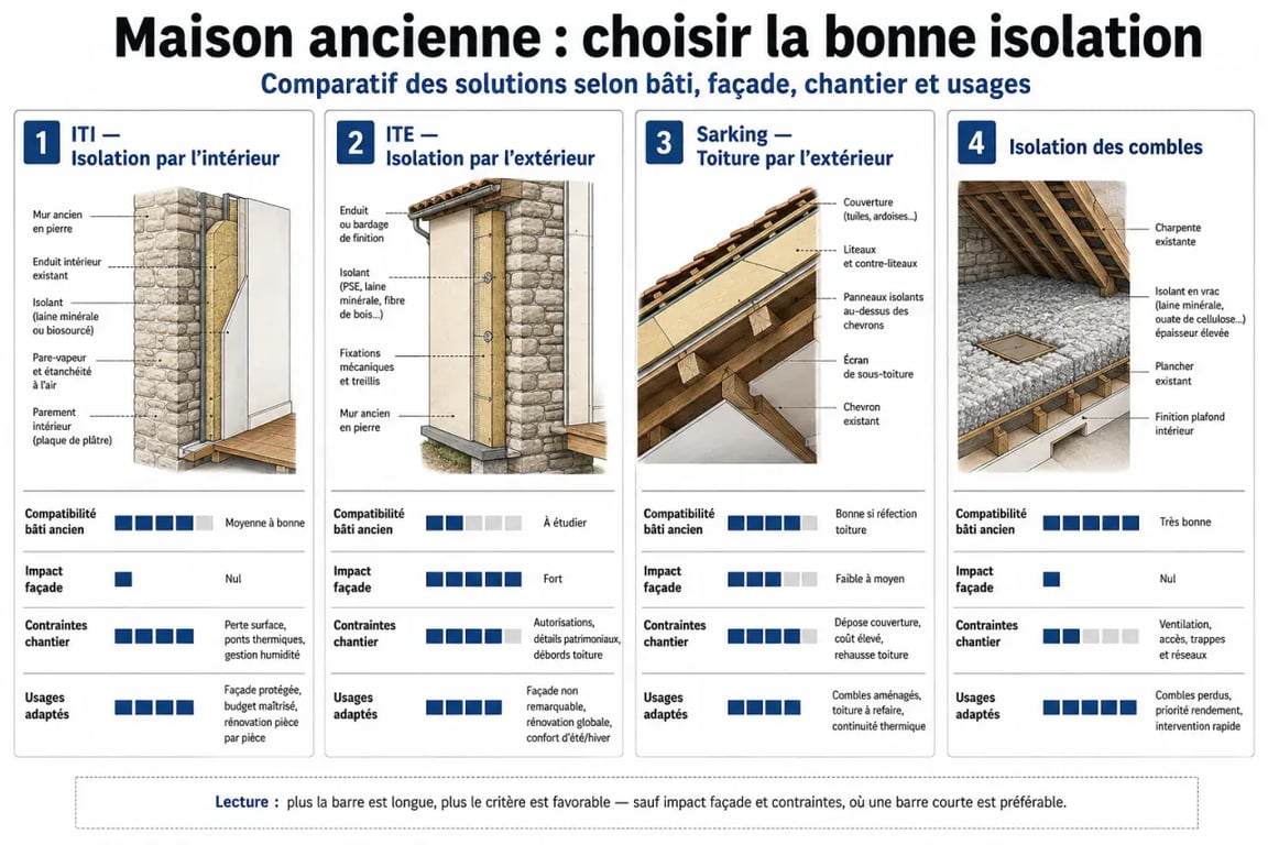 Comment réussir la rénovation énergétique de votre maison ancienne : comparatif ITI, ITE, sarking et isolation des combles