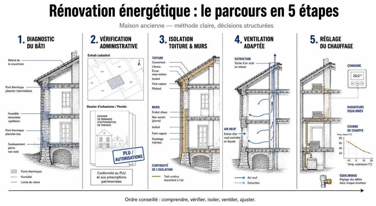 Comment réussir la rénovation énergétique de votre maison ancienne : parcours en cinq étapes du diagnostic au chauffage