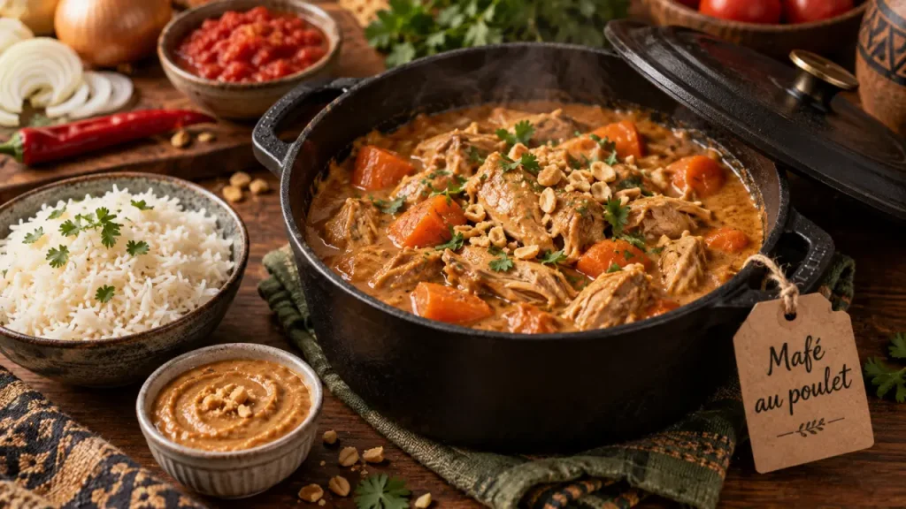 Mafé au poulet : 65 minutes de mijotage pour une sauce d’arachide qui nappe le riz